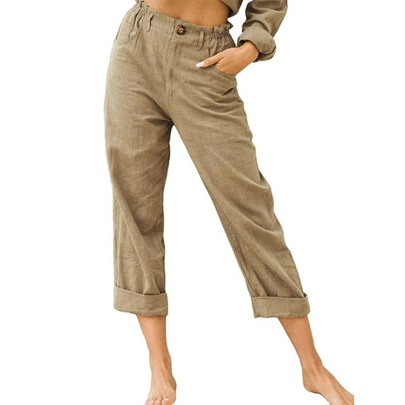 Capreze Womens Cotton Capris with Pockets Elastic Waist Lounge Linen Palazzo Trousers Dailywear Holiday Solid Color Pants