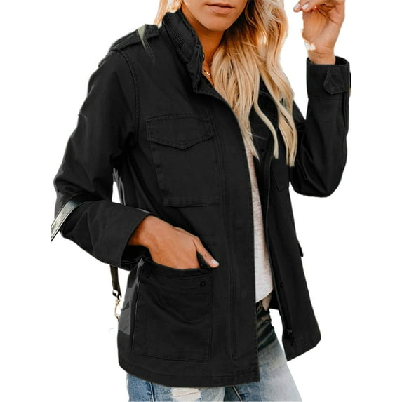 Capreze Womens Military Jacket Zip Up Snap Buttons Lightweight Utility Anorak Field Safari Coat Outwear Black M