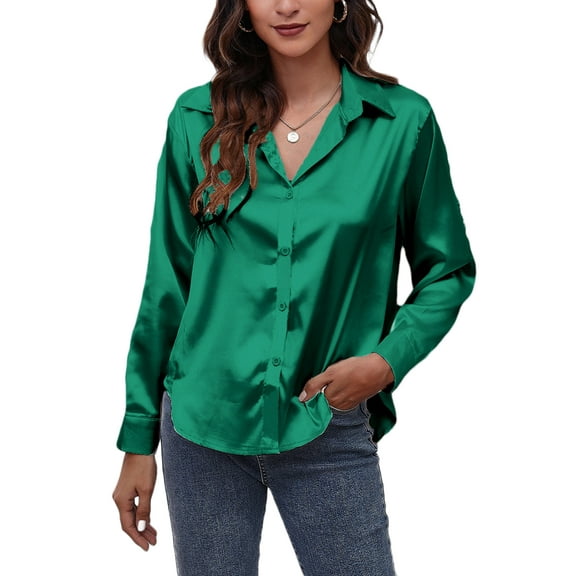 Capreze Work Office Shirt Tops for Women New Long Sleeve Loose Baggy Casual Tunic Top Blouse Ladies Satin Basic Tee Tops 2XL Champagne