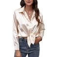 thumbnail image 1 of Capreze Work Office Shirt Tops for Women New Long Sleeve Loose Baggy Casual Tunic Top Blouse Ladies Satin Basic Tee Tops S Champagne, 1 of 6