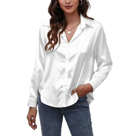 Capreze Work Office Shirt Tops for Women New Long Sleeve Loose Baggy Casual Tunic Top Blouse Ladies Satin Basic Tee Tops XL White