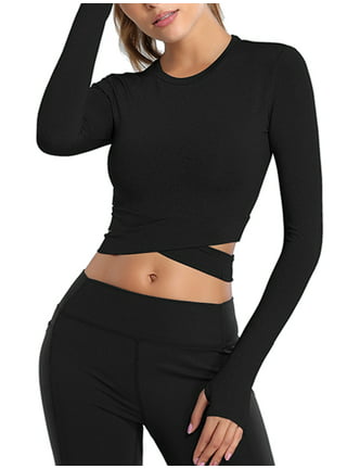 Women's Sexy Crop Tops Yoga Workout V Neck Tops Long Sleeve Slim Fit  Stretchy Gym Fitness Tees Cozy Knitted Jersey Shirts at  Women's  Clothing store