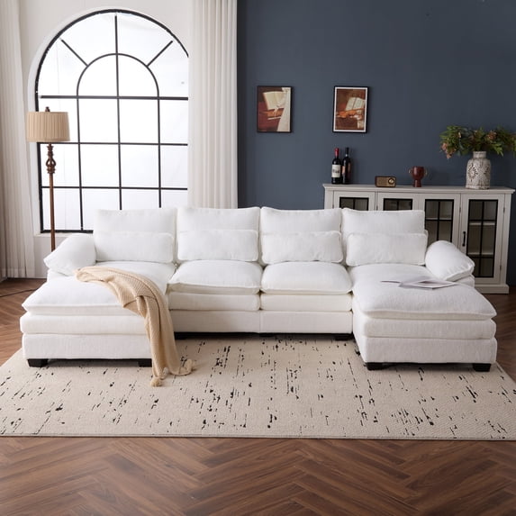 Capri 110" Cloud Couch, U Shaped Teddy Fleece Sofa Set, Modular Sleeper Sectional Sofa with Double Chaise for Living Room, White