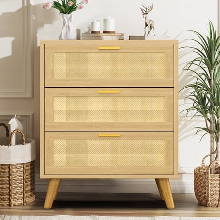 Capri 3 Drawer Dresser, Rattan Storage Wide Chest of Drawers, Night Stand Storage Cabinet for Women, Kids, Baby, Nursery, Girls, Bedroom Living Room Furniture, Natural
