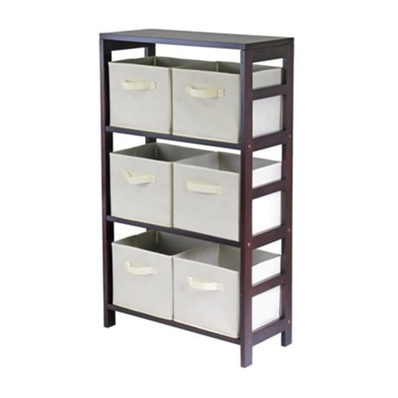 Capri 3 Section M Storage Shelf with 6 Foldable Fabric Baskets - Walnut and Beige