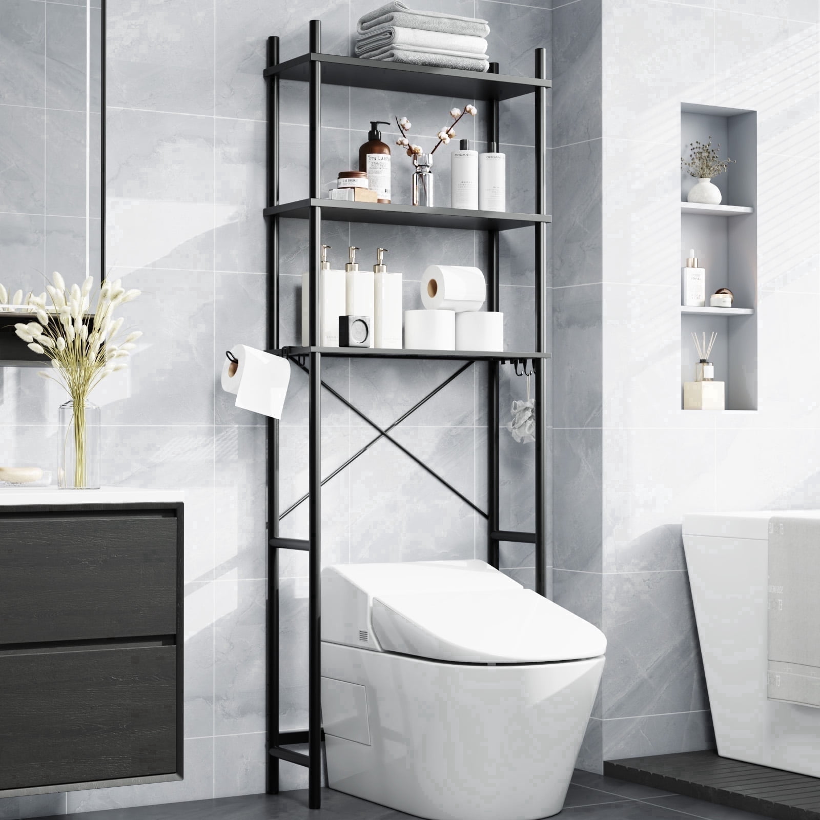 Capri 3-Shelf Over the Toilet Storage, Freestanding Wooden Bathroom Organizers and Storage Shelf, Metal Frame, Space Saver, Black
