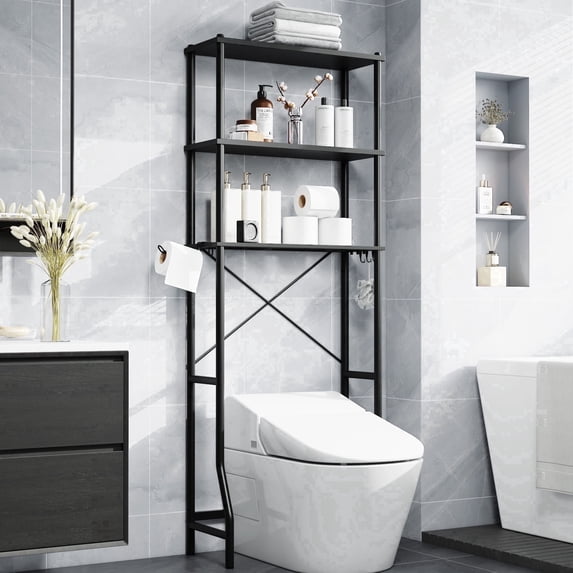 Capri 3-Shelf Over the Toilet Storage, Freestanding Wooden Bathroom Organizers and Storage Shelf, Metal Frame, Space Saver, Black