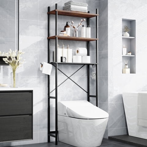 Capri 3-Shelf Over the Toilet Storage, Freestanding Metal Bathroom Organizers and Storage Shelf with Toilet Paper Holder, Rustic Brown