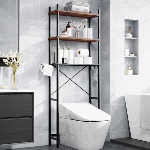 Capri 3-Shelf Over the Toilet Storage, Freestanding Metal Bathroom Organizers and Storage Shelf with Toilet Paper Holder, Rustic Brown
