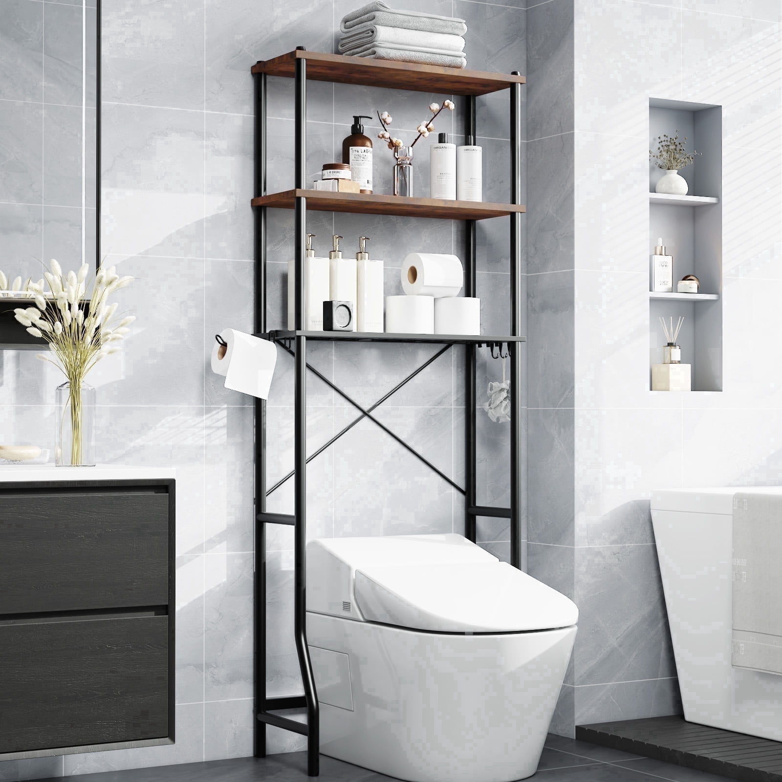 Capri 3-Shelf Over the Toilet Storage, Freestanding Wooden Bathroom Organizers and Storage Shelf, Metal Frame, Space Saver, Rustic Brown