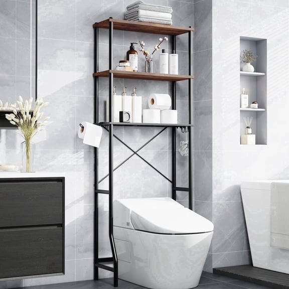 Capri 3-Shelf Over the Toilet Storage, Freestanding Wooden Bathroom Organizers and Storage Shelf, Metal Frame, Space Saver, Rustic Brown