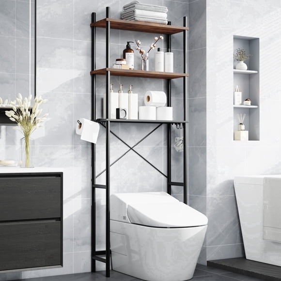Capri 3-Shelf Over the Toilet Storage, Freestanding Metal Bathroom Organizers and Storage Shelf with Toilet Paper Holder, Rustic Brown