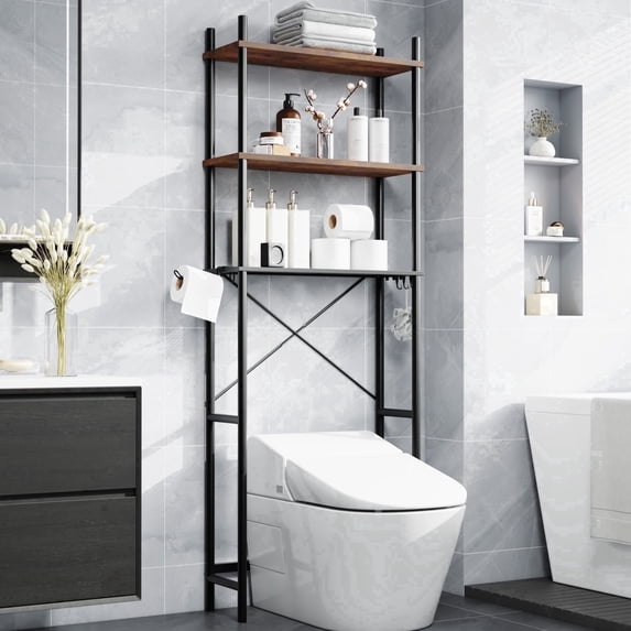 Capri 3-Shelf Over the Toilet Storage, Freestanding Metal Bathroom Organizers and Storage Shelf with Toilet Paper Holder, Rustic Brown