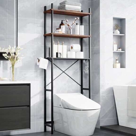 Capri 3-Shelf Over the Toilet Storage, Freestanding Metal Bathroom Organizers and Storage Shelf with Toilet Paper Holder, Rustic Brown