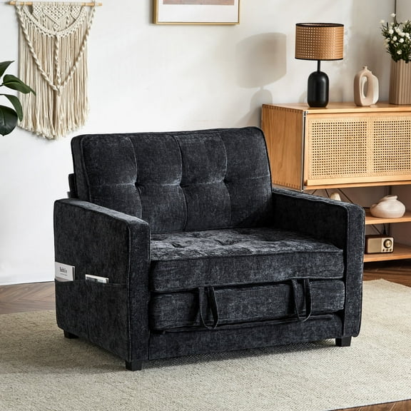 Capri 38.97”W Oversized Reading Chair, Chenille Convertible Sofa Bed, Single Sofa Chair Sleeper Chair, Modern Accent Armchair for Living Room Bedroom Guest Room, Black