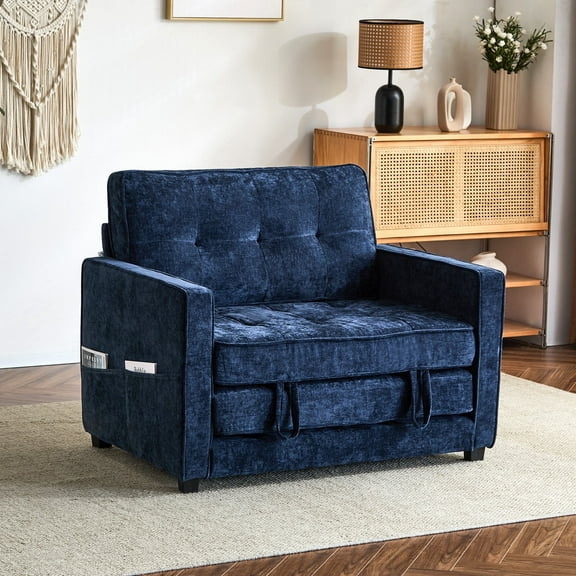 Capri 38.97”W Oversized Sofa Chair Reading Chair, Chenille Modern Accent Armchair, Convertible Sofa Bed Sleeper Chair for Living Room Bedroom Guest Room, Blue