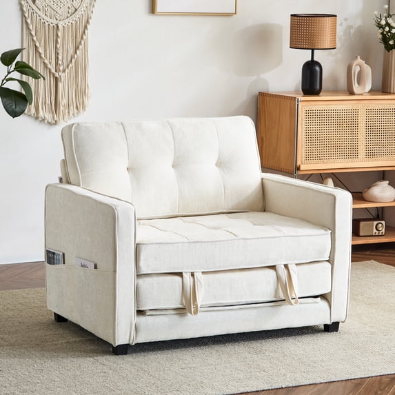 Capri 38.97”W Oversized Single Sofa Chair with Backrest, Multifunctional Sleeper Chair, Convertible Sofa Bed, Chenille Modern Accent Chair, Reading Armchair for Living Room Bedroom Study, White