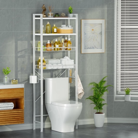 Capri 4-Tier Over-the-Toilet Storage Shelf, Bathroom Organizer Shelf Over Toilet, Freestanding Space Saver Rack with Adjustable Shelf and Basket, White