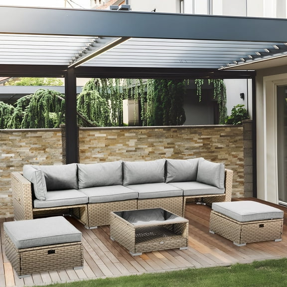 Capri 6-Seat Rattan Sectional Sofa Set, 5 Pieces Outdoor Patio Furniture Set All Weather PE Wicker Conversation Couch Set with Storage Ottoman and Glass Table, for Poolside Backyard, Beige