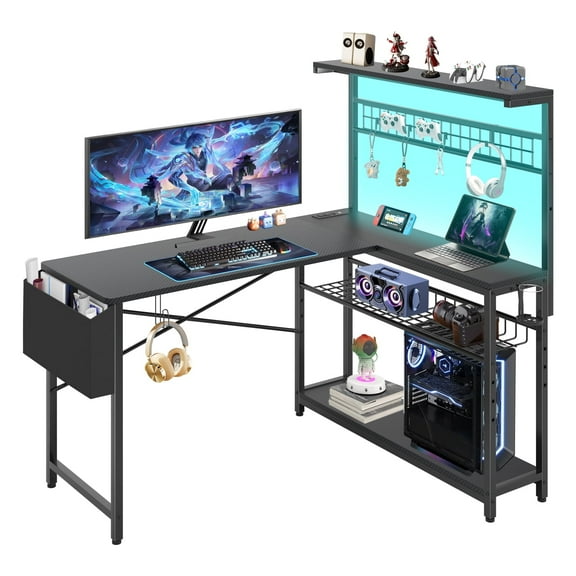 Capri 52" L Shaped Gaming Desk with Power Outlets & LED Lights, Small Computer Corner Desk with Headset Hooks and Cup Holder, Home Office Desk with Storage Shelves, Carbon Fiber Black