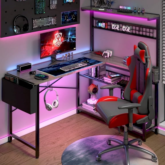 Capri 52" L Shaped Gaming Desk with Power Outlets & LED Lights, Small Computer Corner Desk with Headset Hooks and Cup Holder, Home Office Desk with Storage Shelves, Oak Gray