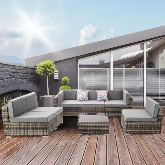 Capri PE Wicker Sectional Sofa Set, 6-Seat Outdoor Conversation Couch Set, 7 Pieces Rattan Patio Furniture Set for Porch Poolside Backyard, Quick Installation in 30 Mins, Brown