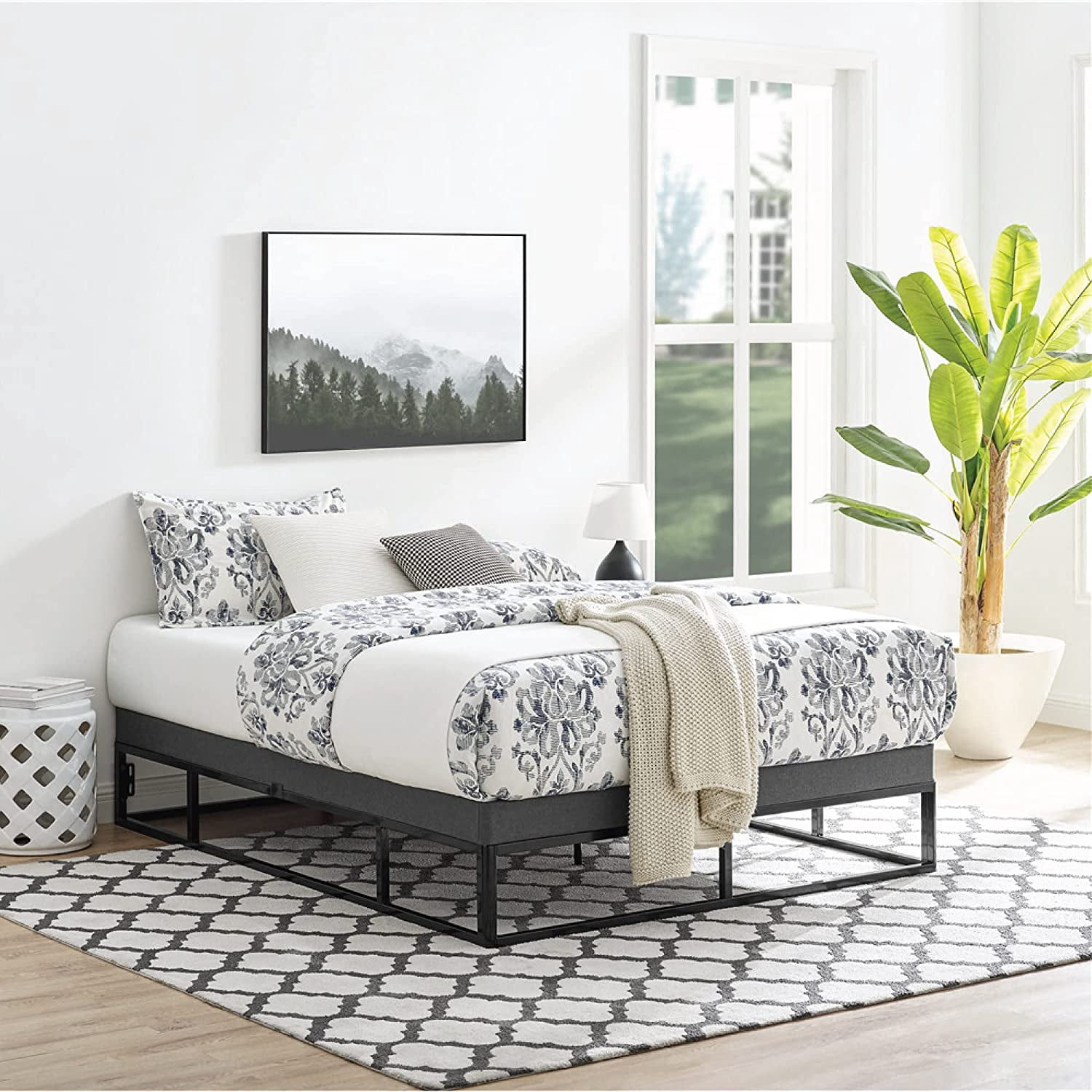 Capri Black Metal Platform Bed Frame with Built-in Grey Upholstered ...