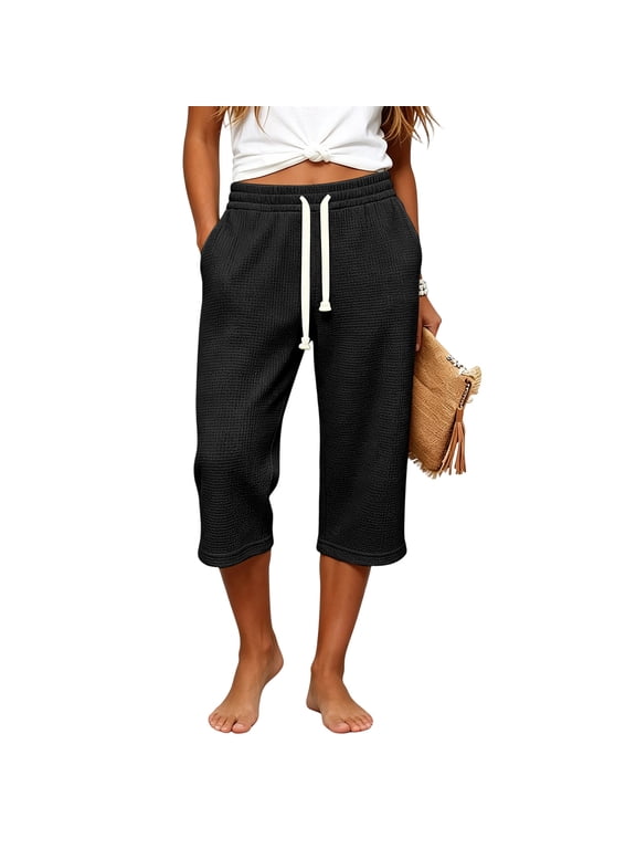 Capri Cargo Pants For Women Baggy Below Knee Waffle Cropped Sweatpants Drawstring Elastic Waist Casual Crop Pants,Stretch Knit Cargo Capris,Fall Workout Trousers