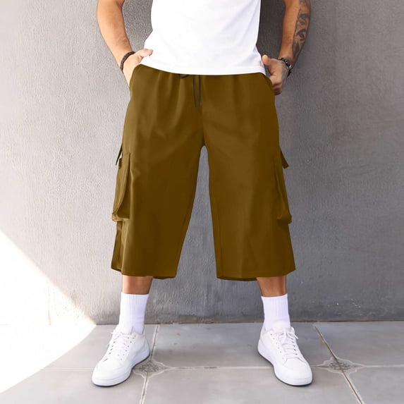 Capri Cargo Pants for Men with Multi-Pockets Baggy Straight Wide Leg Trousers Mens Casual Drawstring Elastic Waist Cropped Hiking Pant