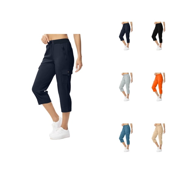 Capri Cargo Pants for Women Elastic High Waist Straight Leg Relaxed Fit Cropped Pants Capris with Pockets