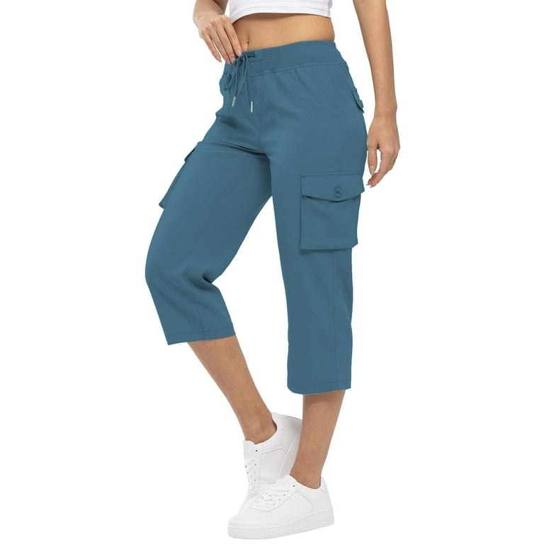 Capri Cargo Pants for Women High Waisted Hiking Athletic Lightweight Casual Joggers Drawstring Cropped Pants with Pockets Blue M Walmart
