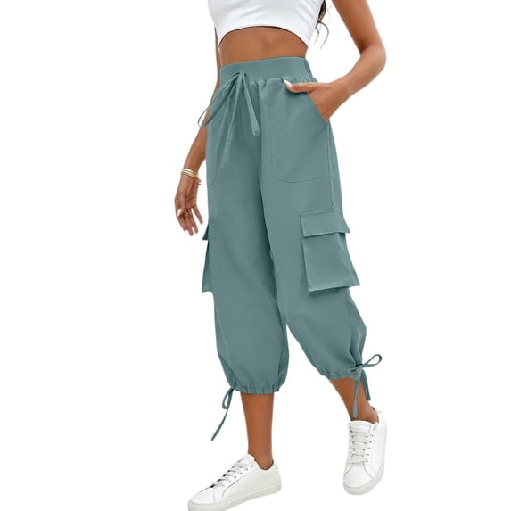 Capri Cargo Pants for Women Multi Pockets Loose Fit Joggers Tie Adjustable Bottom Capris Summer Casual Sports (M, Blue)