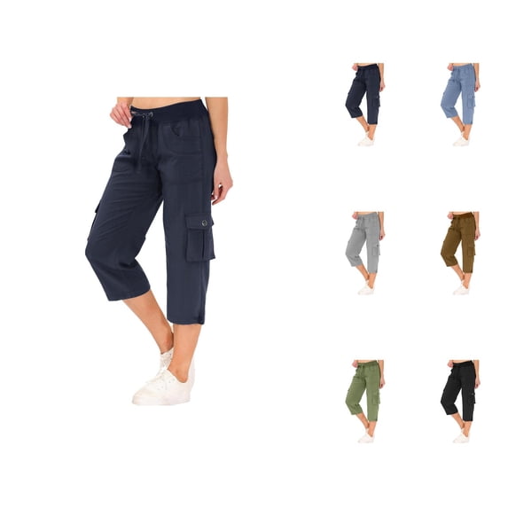 Capri Cargo Pants for Women Spring Summer Casual Elastic Waist Relaxed Fit Straight Leg Capri Hiking Pants with Pockets