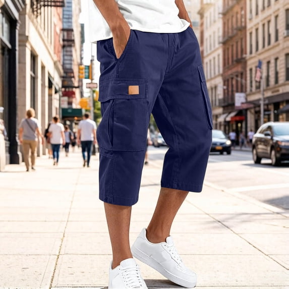 Capri Cargo Shorts for Men Below Knee Long Shorts with Pockets Drawstring Elastic Waist Baggy Utility Hiking Pants Navy M
