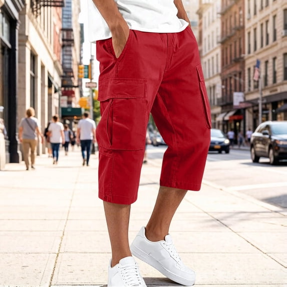 Capri Cargo Shorts for Men Below Knee Long Shorts with Pockets Drawstring Elastic Waist Baggy Utility Hiking Pants Wine L