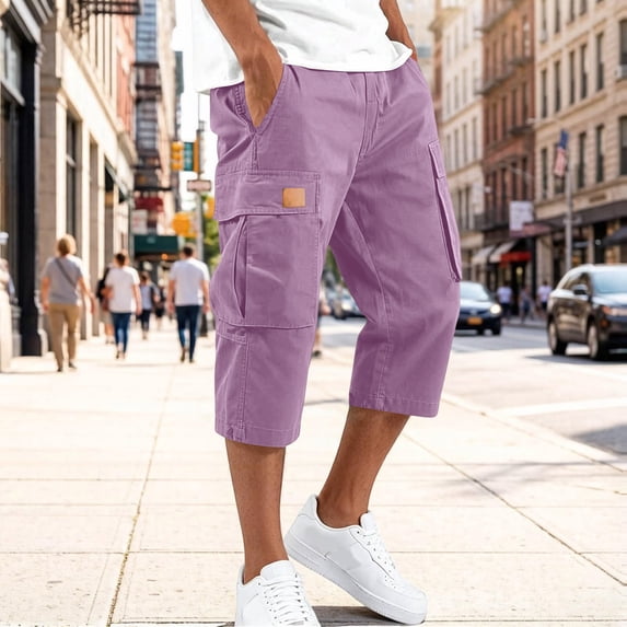 Capri Cargo Shorts for Men - Below Knee Long Shorts with Pockets Dstring Elastic Waist Baggy Utility Hiking Pants,2XL