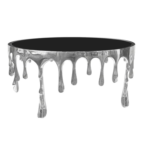 Capri Coffee Table | 36 Inch Round Glass Top | Melting Drip Design | Nickel Silver
