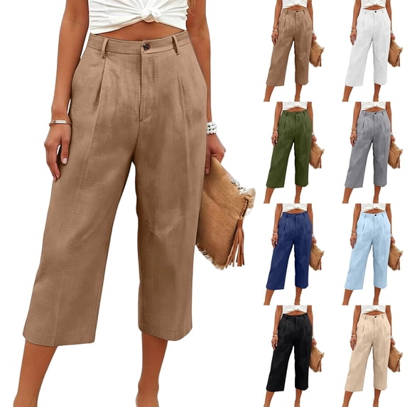 Capri Cotton Linen Pants Women Summer Lightweight Stretch Work Dress Pants Office Business Casual Slacks Knee Length Shorts Camel XXL