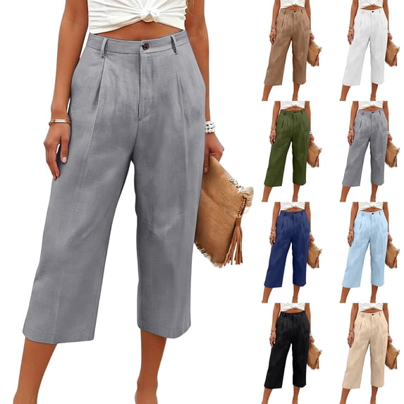 Capri Cotton Linen Pants Women Summer Lightweight Stretch Work Dress Pants Office Business Casual Slacks Knee Length Shorts Gray XL