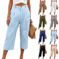 thumbnail image 1 of Capri Cotton Linen Pants Women Summer Lightweight Stretch Work Dress Pants Office Business Casual Slacks Knee Length Shorts Light Blue S, 1 of 5