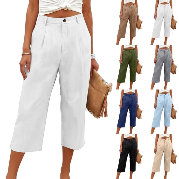 Capri Cotton Linen Pants Women Summer Lightweight Stretch Work Dress Pants Office Business Casual Slacks Knee Length Shorts White XL