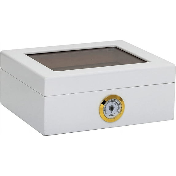 Capri Desktop Humidor with Tempered Glasstop, Cedar Divider, and Brass Ring Glass Hygrometer, Holds 25 to 50 Cigars, White