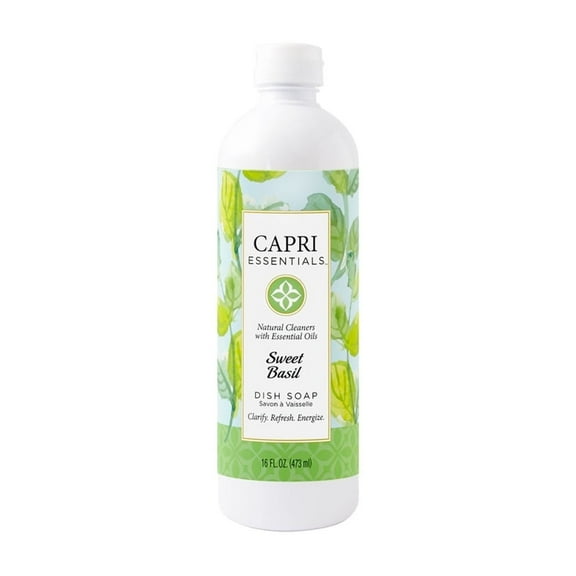 Capri Essentials Dish Soap Liquid - Sweet Basil - All Natural & Plant Based Aromatherapy Dish Detergent with Mood Boosting Essential Oils (16 fl. oz)