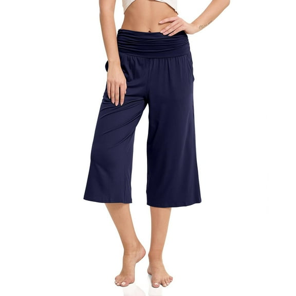 Capri Foldover Pants for Women Comfy Yoga Workout Summer Cropped Pants Wide Leg Solid Color High Waisted Outfits