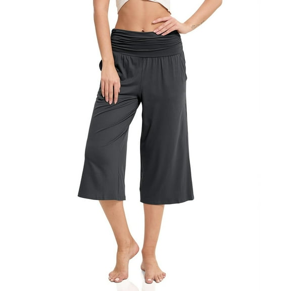 Capri Foldover Pants for Women Comfy Yoga Workout Summer Cropped Pants Wide Leg Solid Color High Waisted Outfits