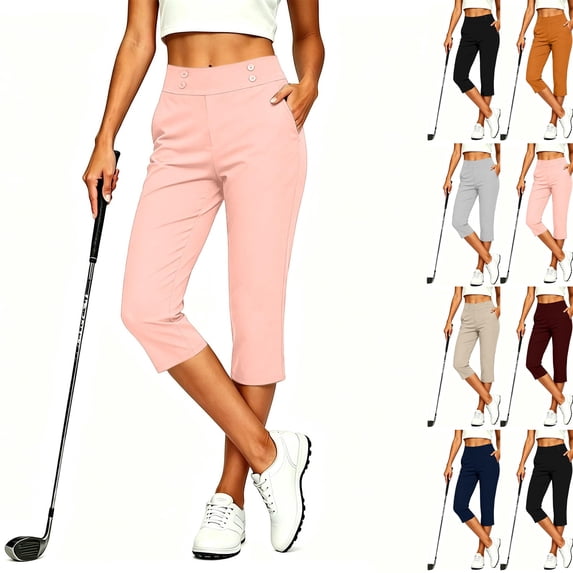 Capri Golf Pant Women Waist Button Quick Dry Athletic Cropped Trousers,Comfortable,Athletic Sport Wear,Wrinkle Resistant,Deep Side Slip Pocket,Soft Bottom Wear Pink M