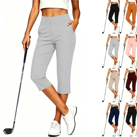 Capri Golf Pant Women Waist Button Quick Dry Athletic Cropped Trousers,Comfortable,Athletic Sport Wear,Wrinkle Resistant,Deep Side Slip Pocket,Soft Bottom Wear Gray L