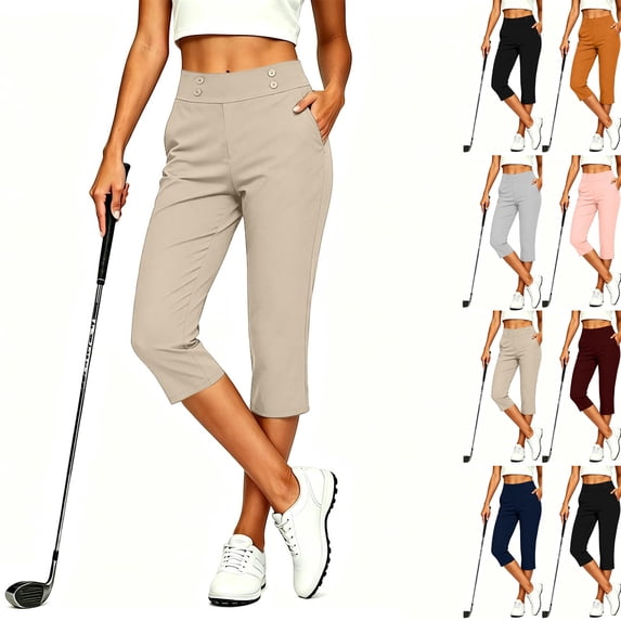 Capri Golf Pant Women Waist Button Quick Dry Athletic Cropped Trousers,Comfortable,Athletic Sport Wear,Wrinkle Resistant,Deep Side Slip Pocket,Soft Bottom Wear Khaki XXL