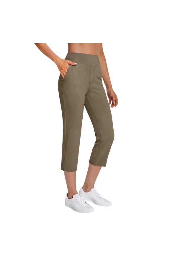 Capri Golf Pants for Women 23'' High Waisted Yoga Travel Work Stretch Summer Capris with Pockets Straight Fit (2XL, Khaki-23'')