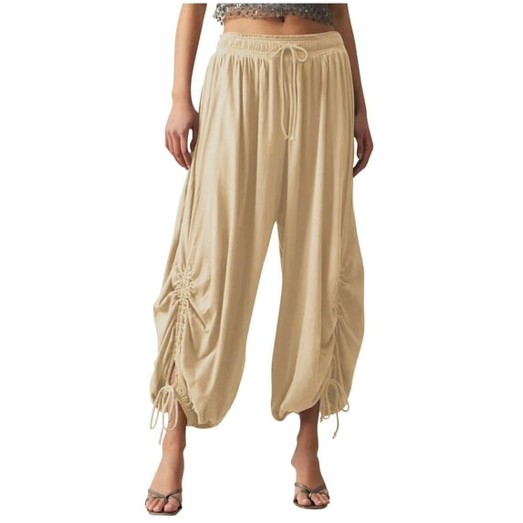 Capri Harem Pants for Women Baggy Side Drawstring Beach Pants Pleated Loose Lounge Trousers 2025 Streetwear